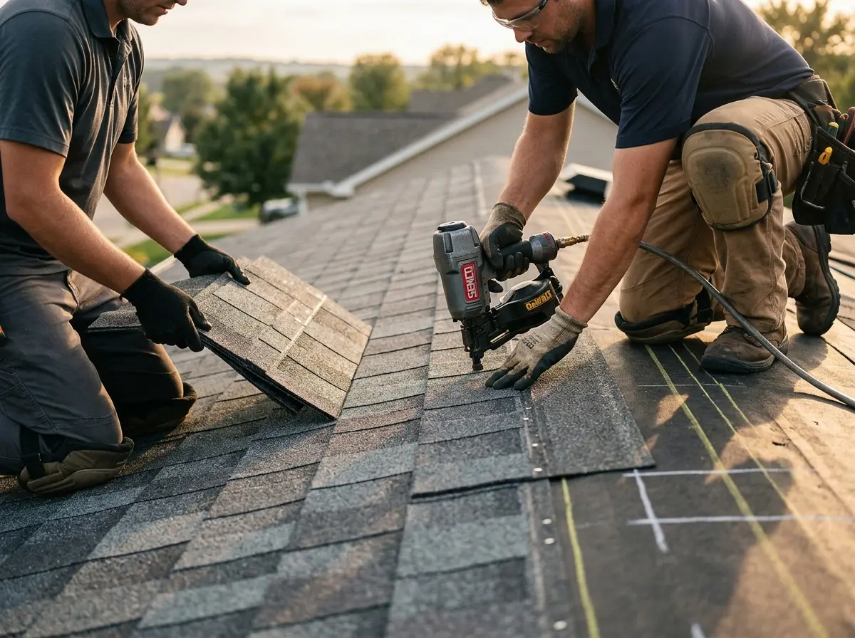 Professional roofer working on a residential roof in Delaware